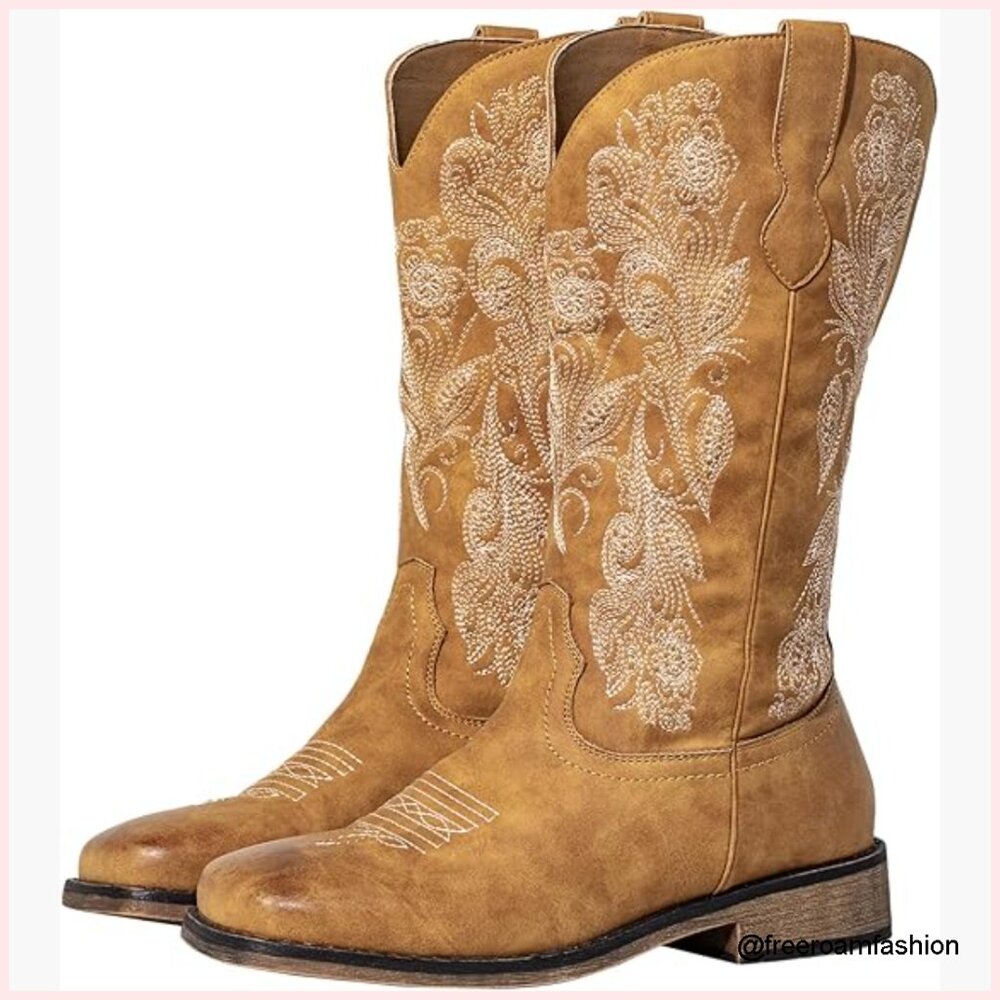 Wide Calf Cowboy Boots Square Toe Stretch Panel Cushioned Insole